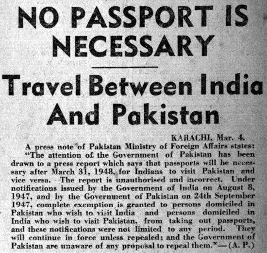  بھارت کے مابین سفر کے لیے پاسپورٹ کی ضرورت نہیں ہوتی تھی