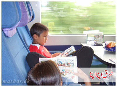 Reading during train tour from Copenhagen to Genova, Italy..